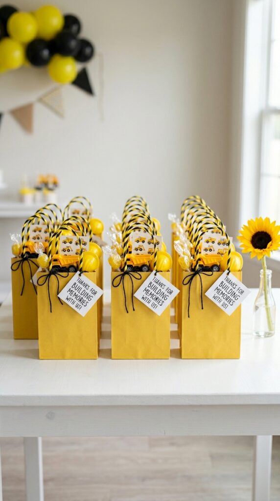 Themed return gift bags in construction colors filled with toy trucks or candies, finished with thank you tags and neatly displayed near the exit for guests.