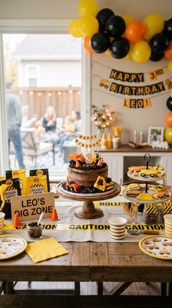 Construction themed birthday cake table with trucks