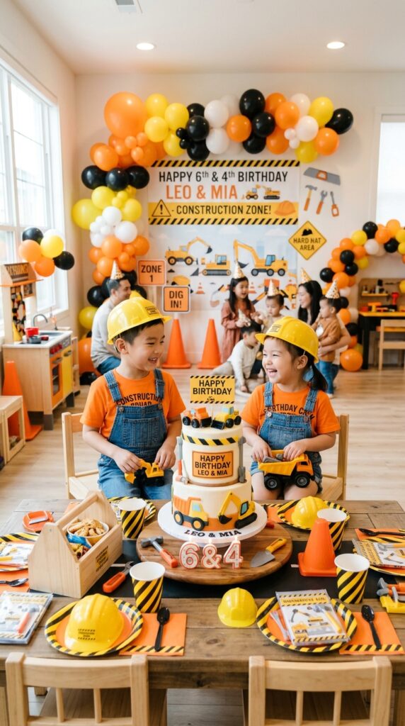 Child in full construction worker costume birthday party