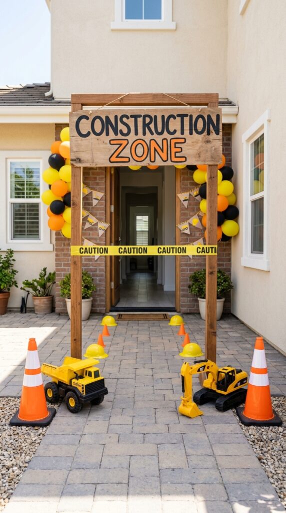 construction themed birthday entrance with caution tape and toy trucks