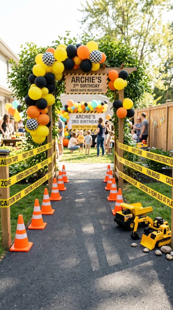Party entrance decorated like a mini construction zone with plastic cones lining the path, yellow caution tape on walls, a Construction Zone sign on the door, and colorful toy trucks placed around for a fun kids theme.