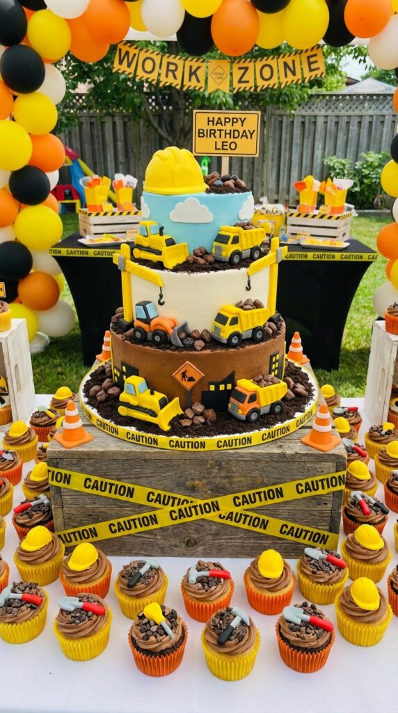 Construction themed birthday cake with toy trucks