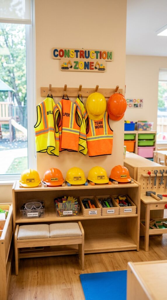 Kids construction costume corner party setup