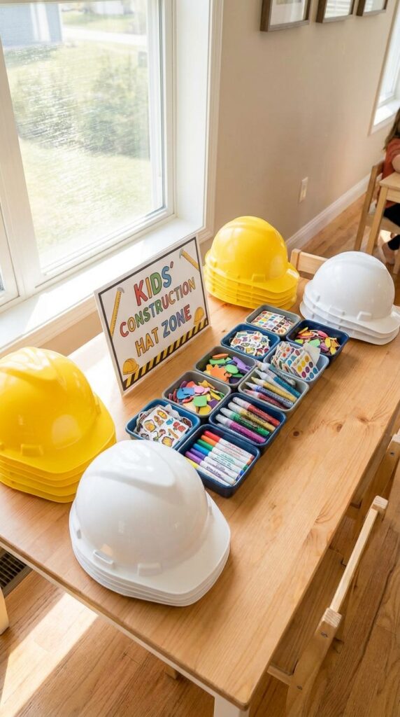 Kids decorating construction hats at birthday party