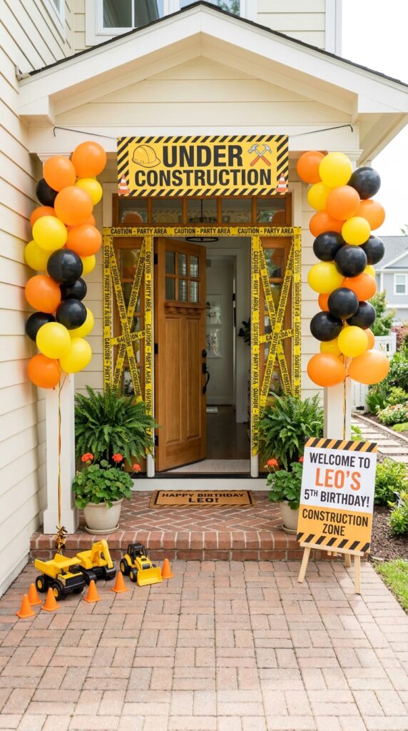 Construction-themed party entrance with caution tape and balloons