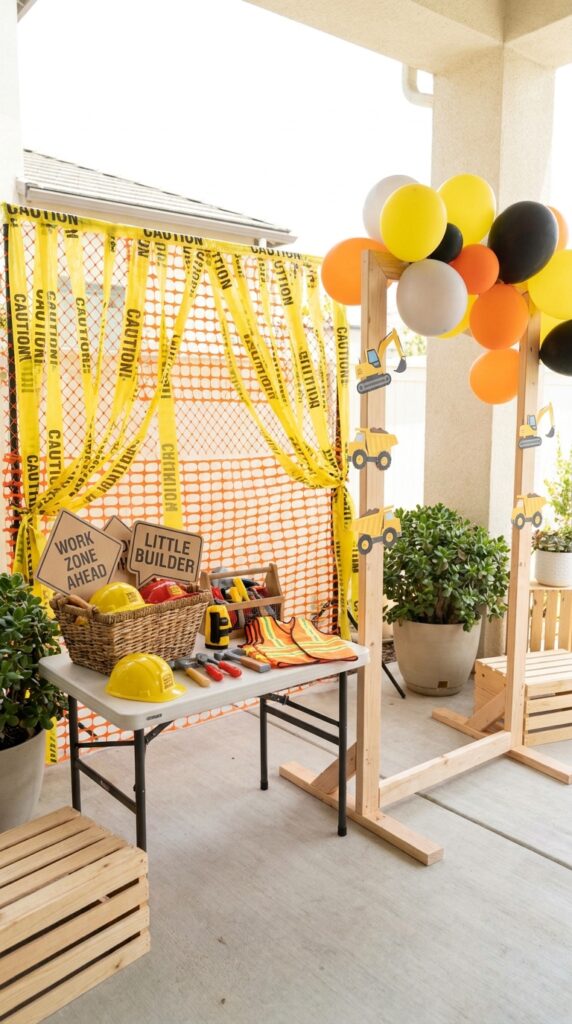 Construction themed birthday photo booth setup
