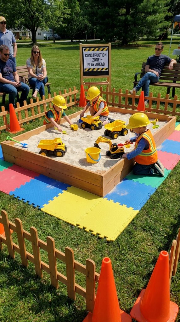 Kids playing in construction themed sand activity area