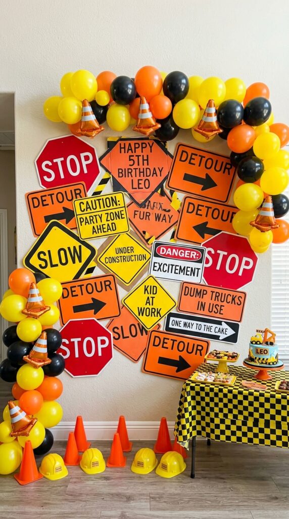 construction sign themed birthday party backdrop