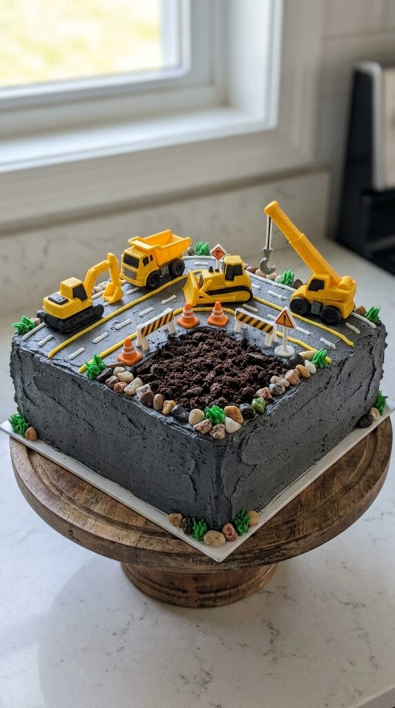 Road construction themed cake with vehicles