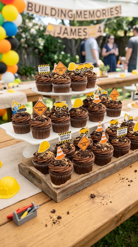 Chocolate cupcakes with cookie crumble gravel topping for construction theme