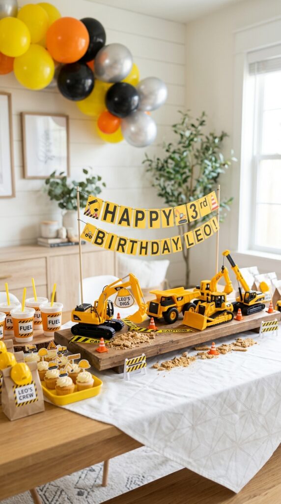 Bright realistic party setup featuring small construction vehicles displayed on a clean table, natural light, neat arrangement, themed decorations, balanced color tones, high detail, family-friendly and clutter-free background