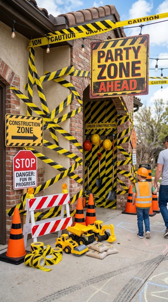 construction birthday party entrance backdrop with caution tape and cones