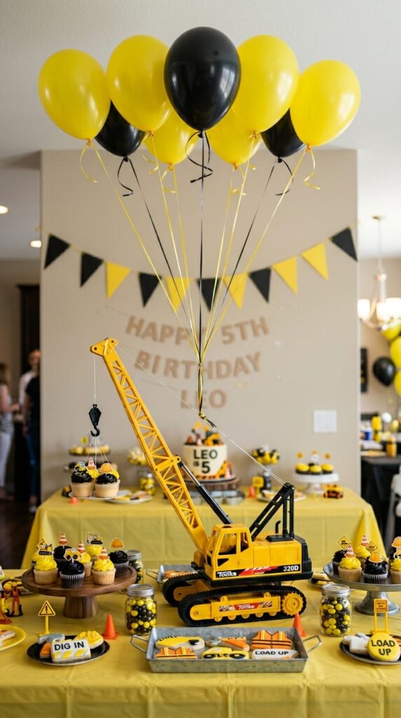 toy crane lifting balloon cluster at construction birthday party