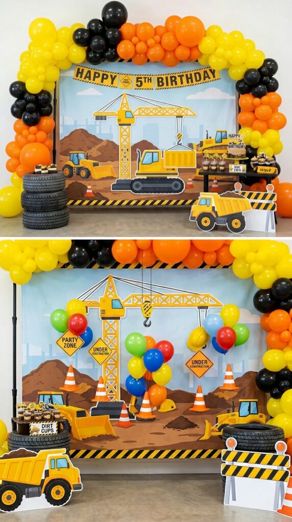 crane themed construction birthday backdrop