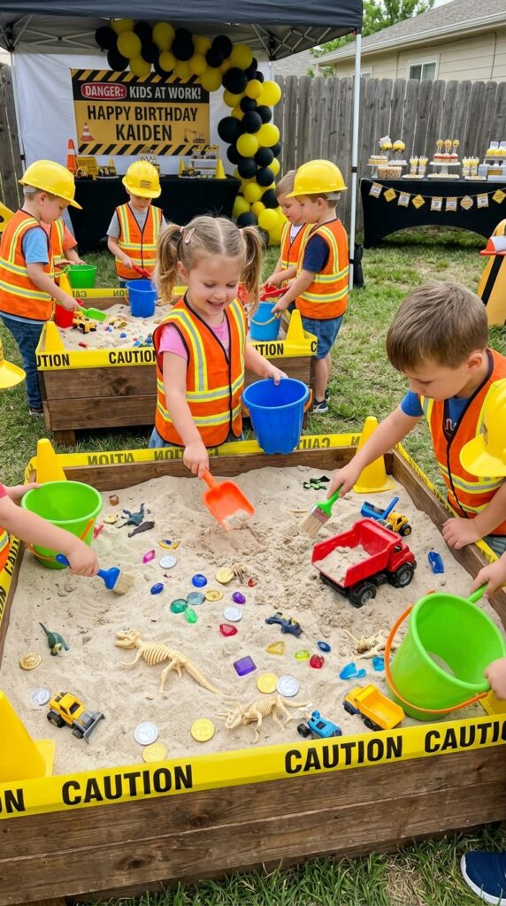 Children use toy shovels, brushes, and buckets to dig and items, creating an exciting, hands-on sensory experience themed around construction play.