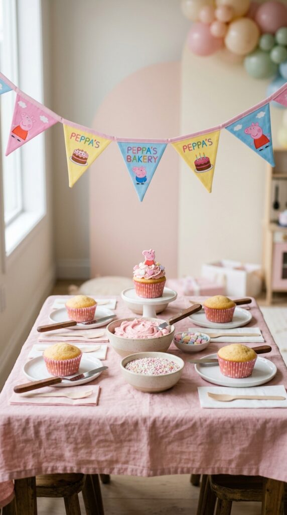 Peppa Pig cupcake decorating station with pink frosting sprinkles and themed sugar toppers