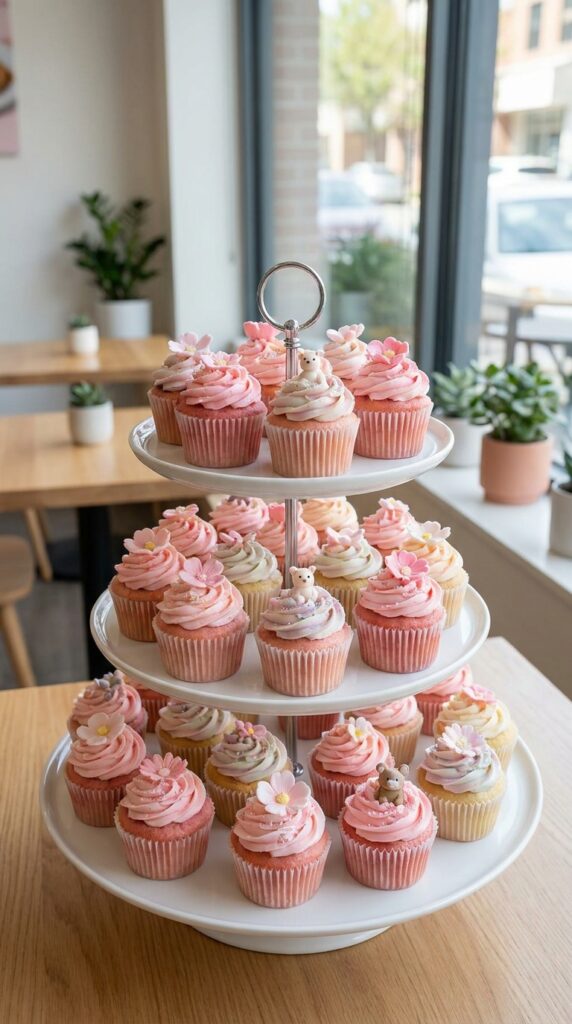 Pink Peppa Pig themed cupcakes with decorations