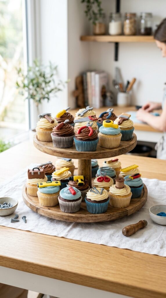 Cupcakes decorated with edible tool shapes for construction theme
