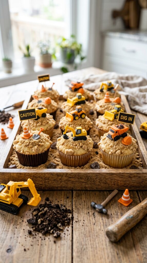 Cupcakes styled like sand piles with biscuit crumbs
