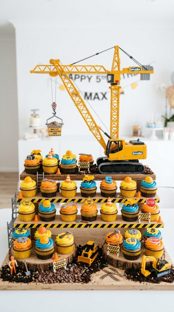 Cupcakes displayed with crane toy lifting decorations