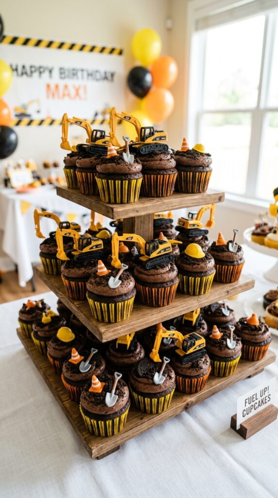 Cupcakes with mini excavator scoop toppers for kids party
