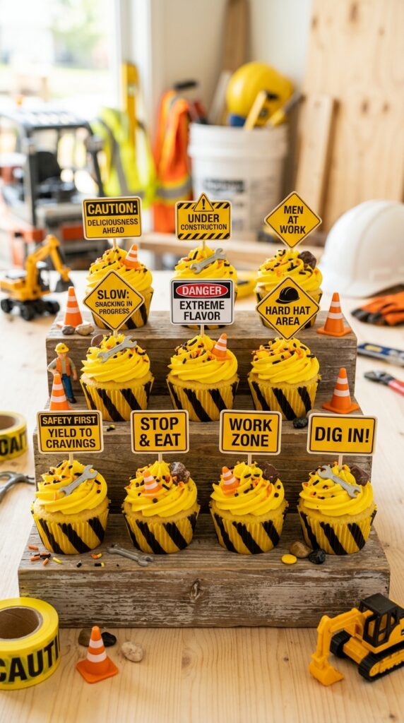 Yellow cupcakes with construction warning sign toppers
