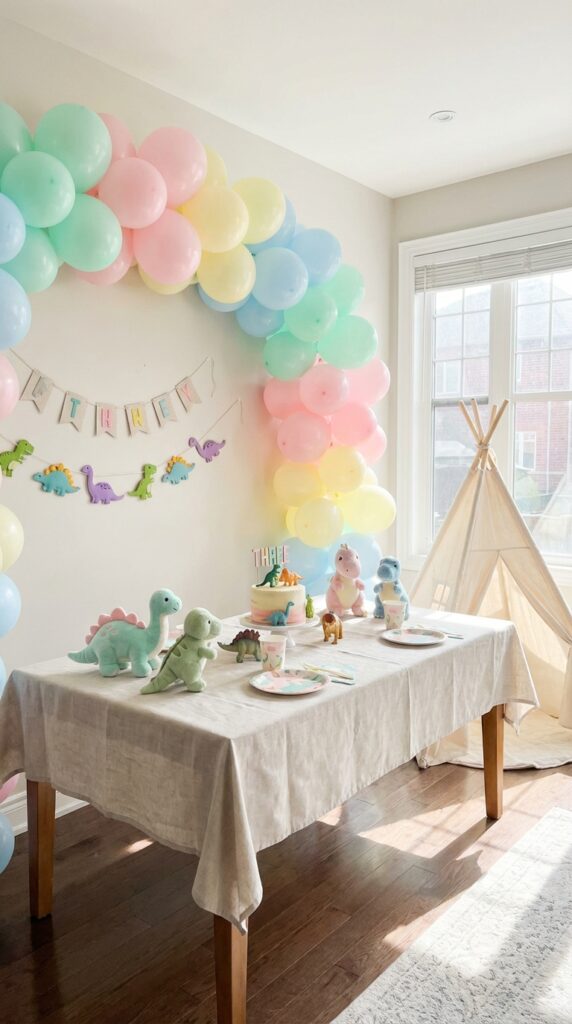 Cute pastel baby dinosaur birthday setup