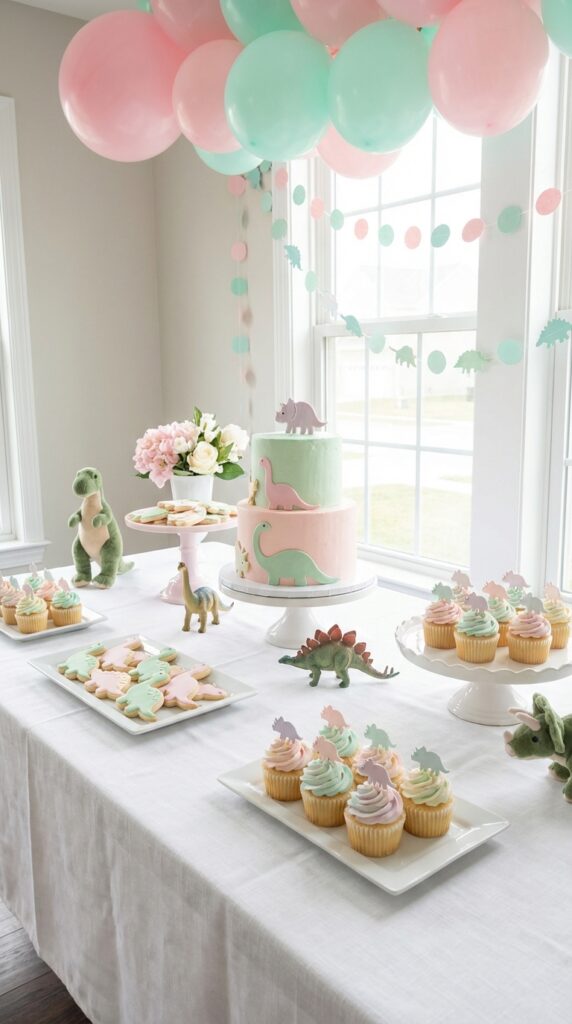Cute dinosaur dessert table with pastel sweets and decorations