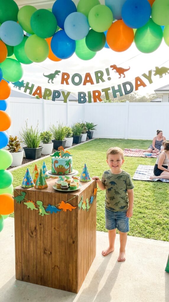 Kids wearing dinosaur t-shirt with denim shorts birthday outfit