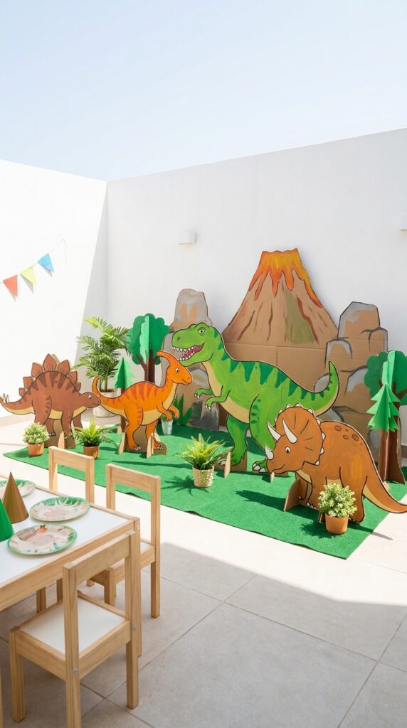DIY cardboard dinosaur backdrop scene for kids party