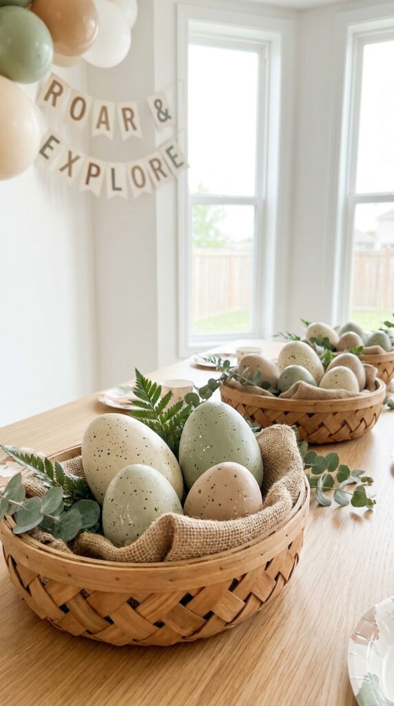 DIY dinosaur eggs displayed in party setup