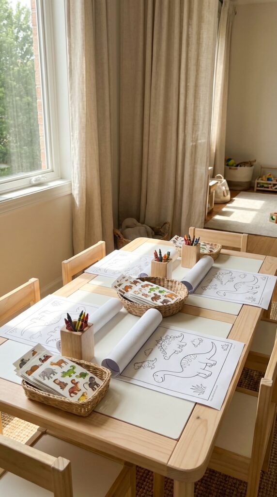 Dinosaur craft table setup for kids party