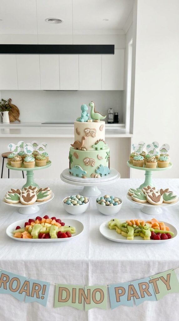 Dinosaur themed dessert table with cupcakes and decorations