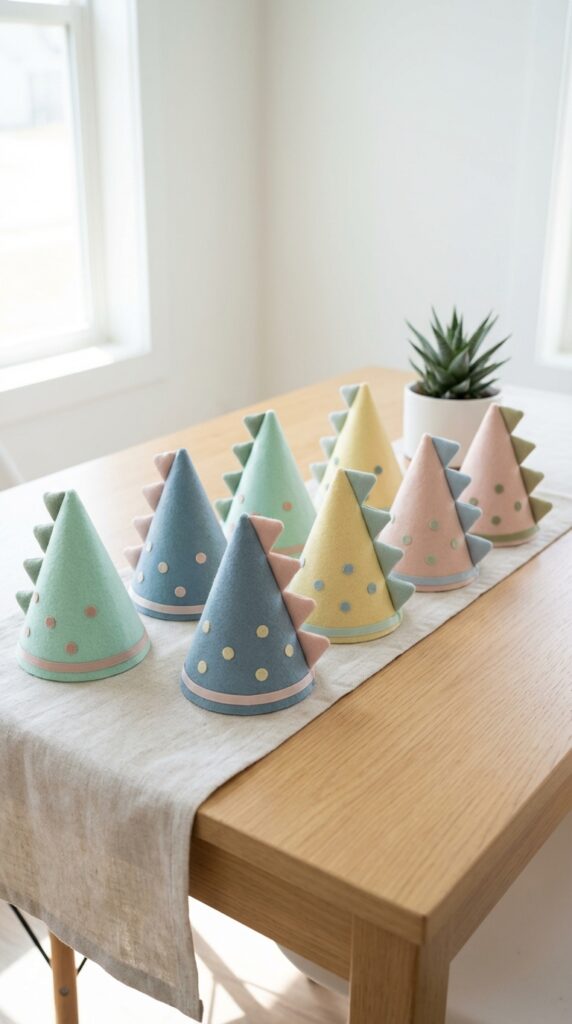 DIY pastel dinosaur party hats with cute spikes