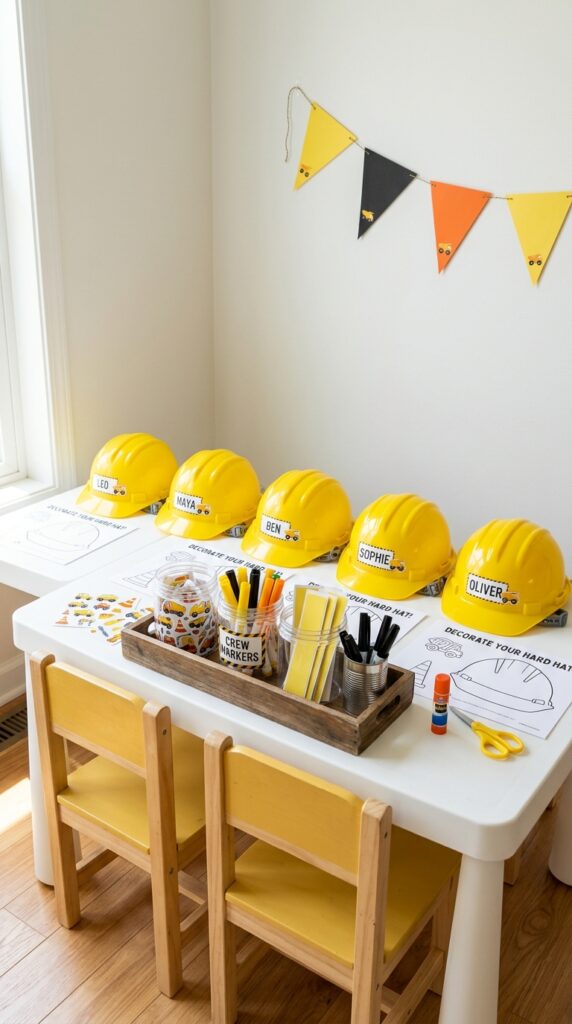 An interactive construction themed station where kids can play like real builders, offering a fun activity that also serves as a takeaway gift.
