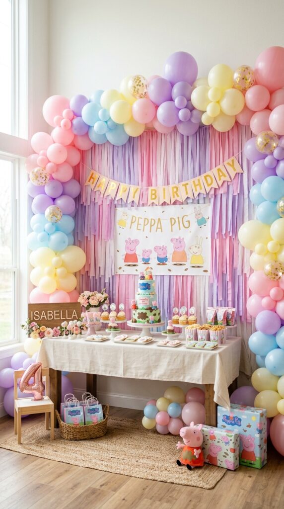 DIY Peppa Pig photo backdrop with pink streamers and balloon clusters for a birthday party