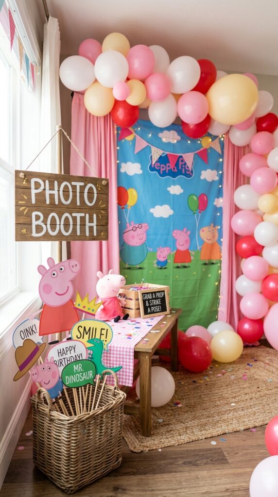 DIY Peppa Pig photo booth corner with pink fabric backdrop, balloon clusters, and printed party props in a basket.