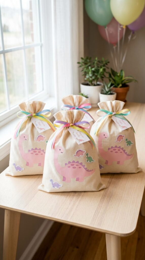Pink dinosaur goodie bags for kids party