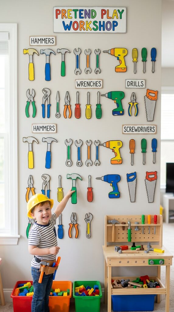 DIY construction tool wall backdrop with colorful cardboard tools