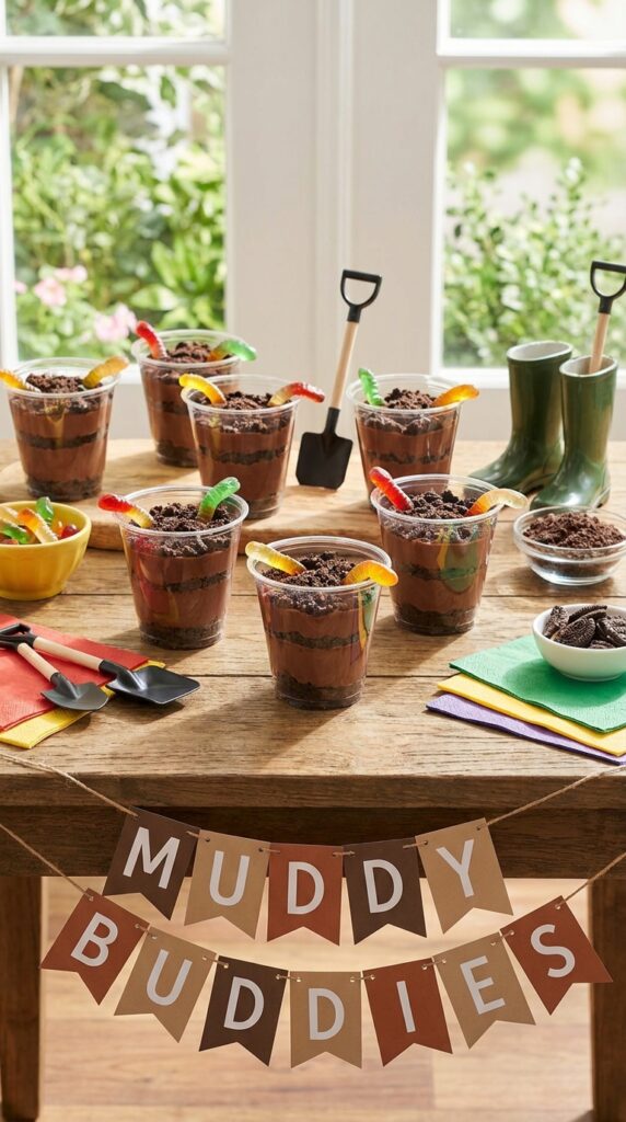 Chocolate pudding cups styled as muddy puddles with cookie topping