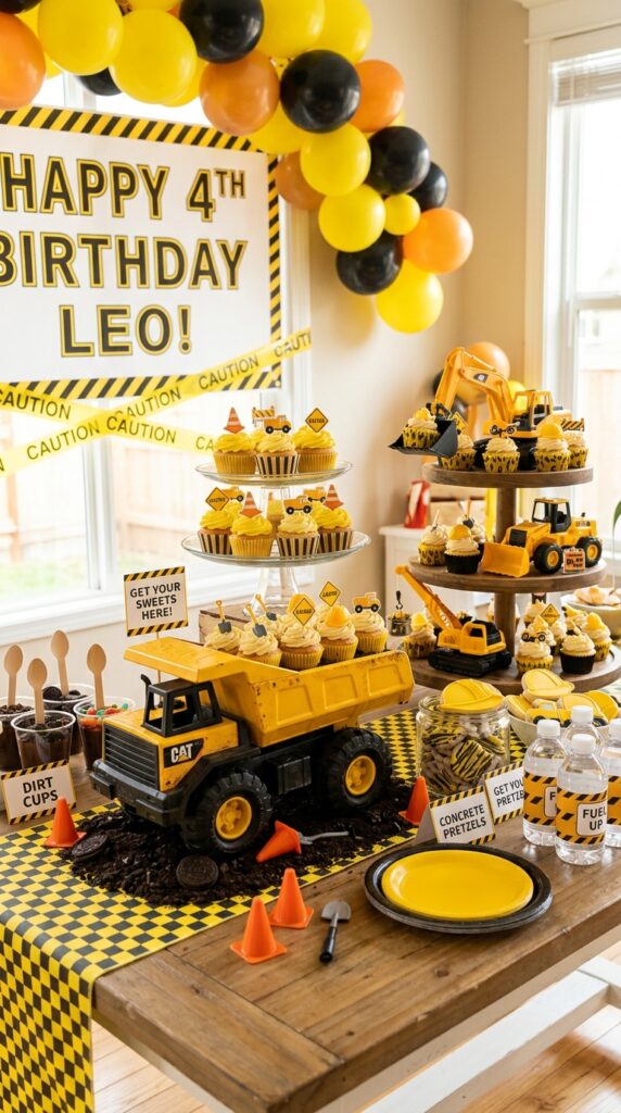 Cupcakes with traffic cone toppers for construction party theme