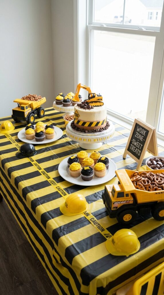 Dump truck dessert table with construction theme decorations