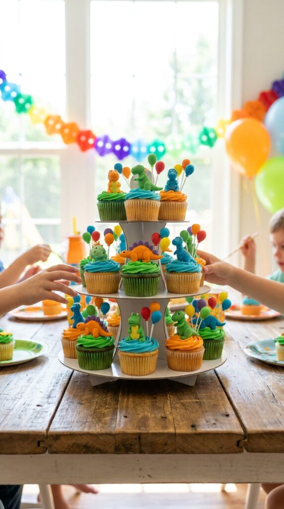Festive dinosaur cupcakes with balloon toppers