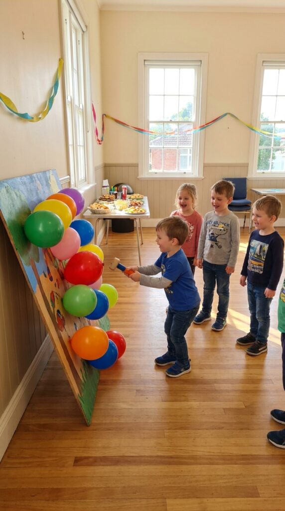 Kids popping balloons in a dinosaur themed game