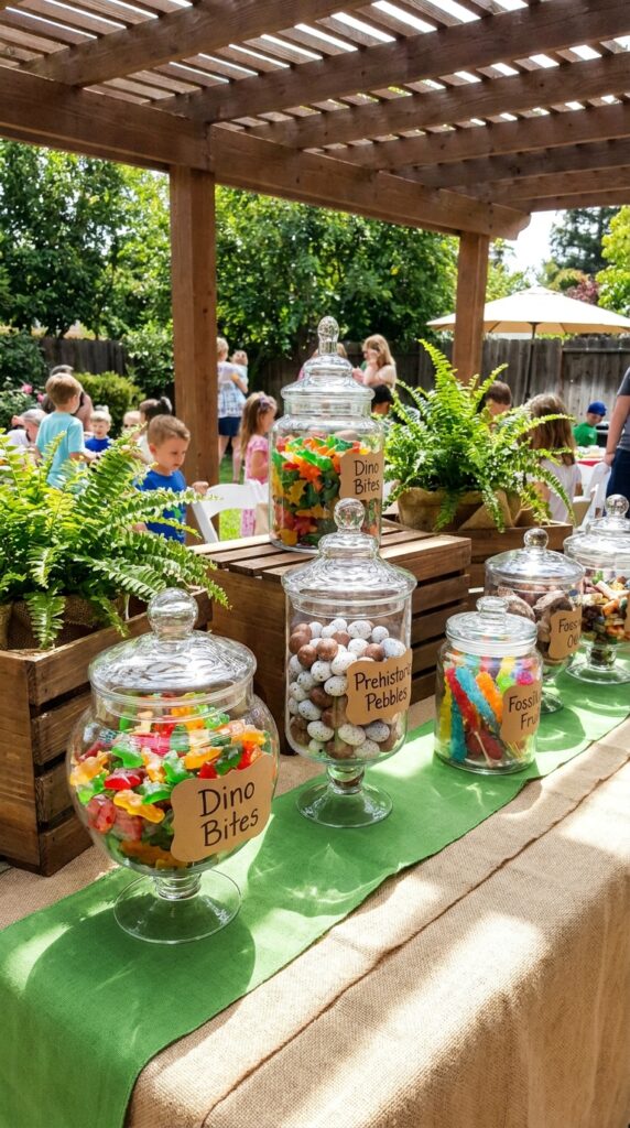 Dinosaur themed candy table with jars and treats
