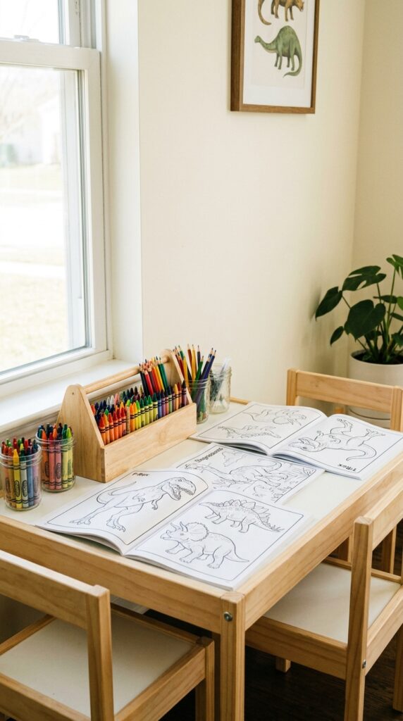 Dinosaur coloring activity table