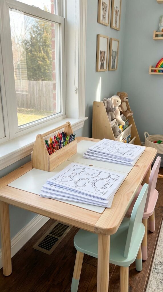 Dinosaur coloring station for kids party