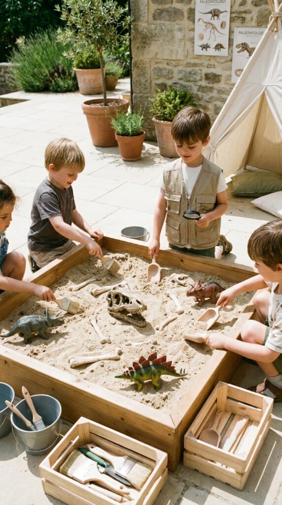 Kids digging for dinosaur fossils in a sandbox activity