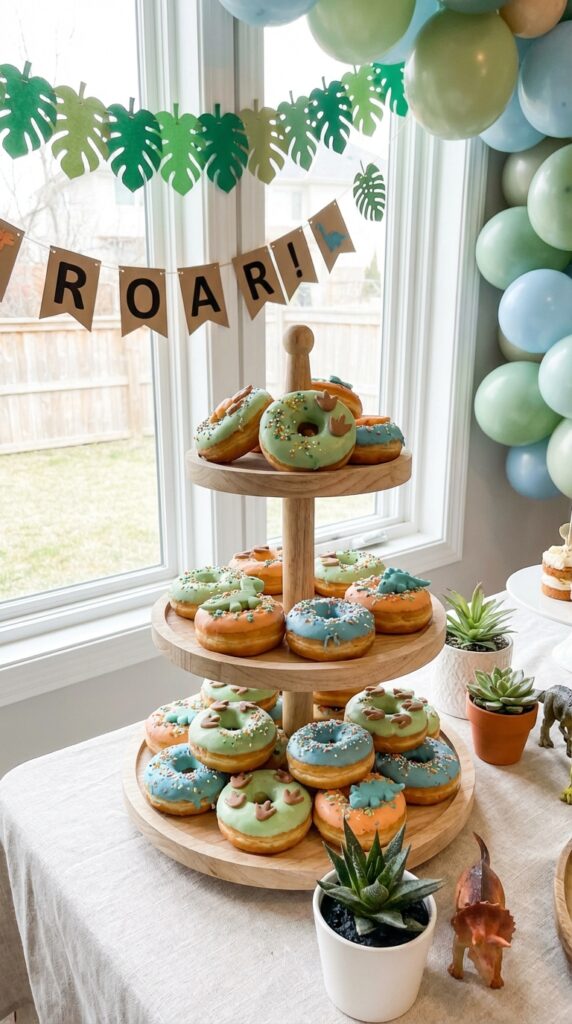 Dinosaur themed donuts with colorful icing on party display