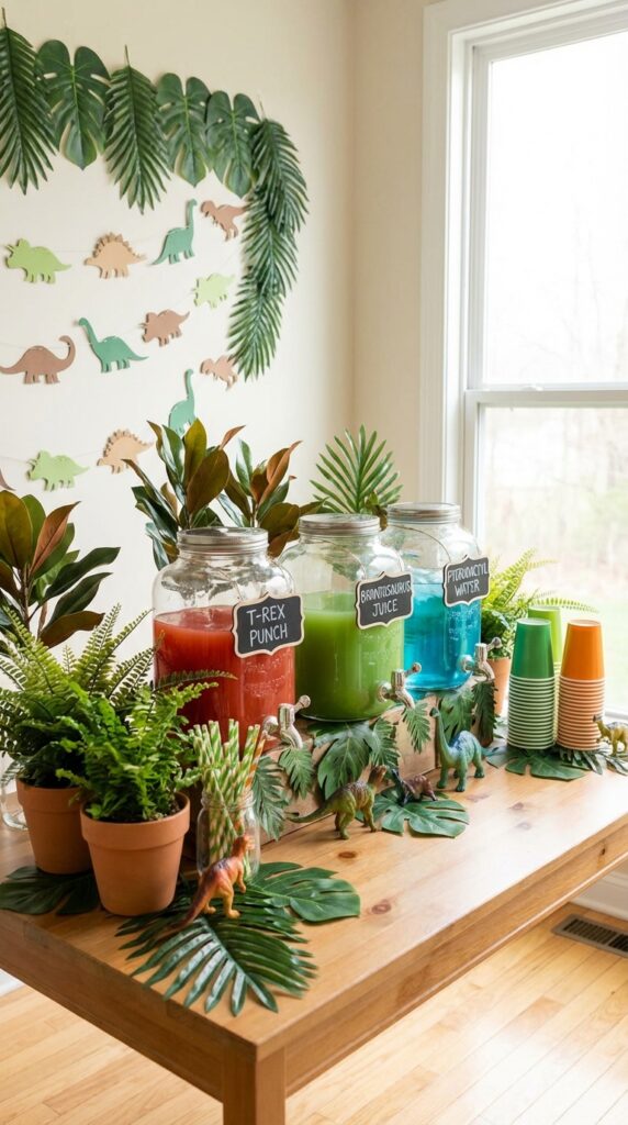 Dinosaur themed drink station with juices and party decorations